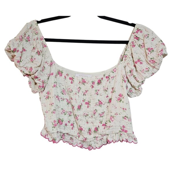 Floral Puff Sleeve Smocked Crop Top With Ruffle Hem Spring - Picture 1 of 14